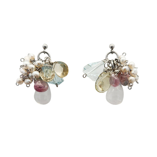 Quartz, Pearl, Tourmaline & Aquamarine Cluster Earrings