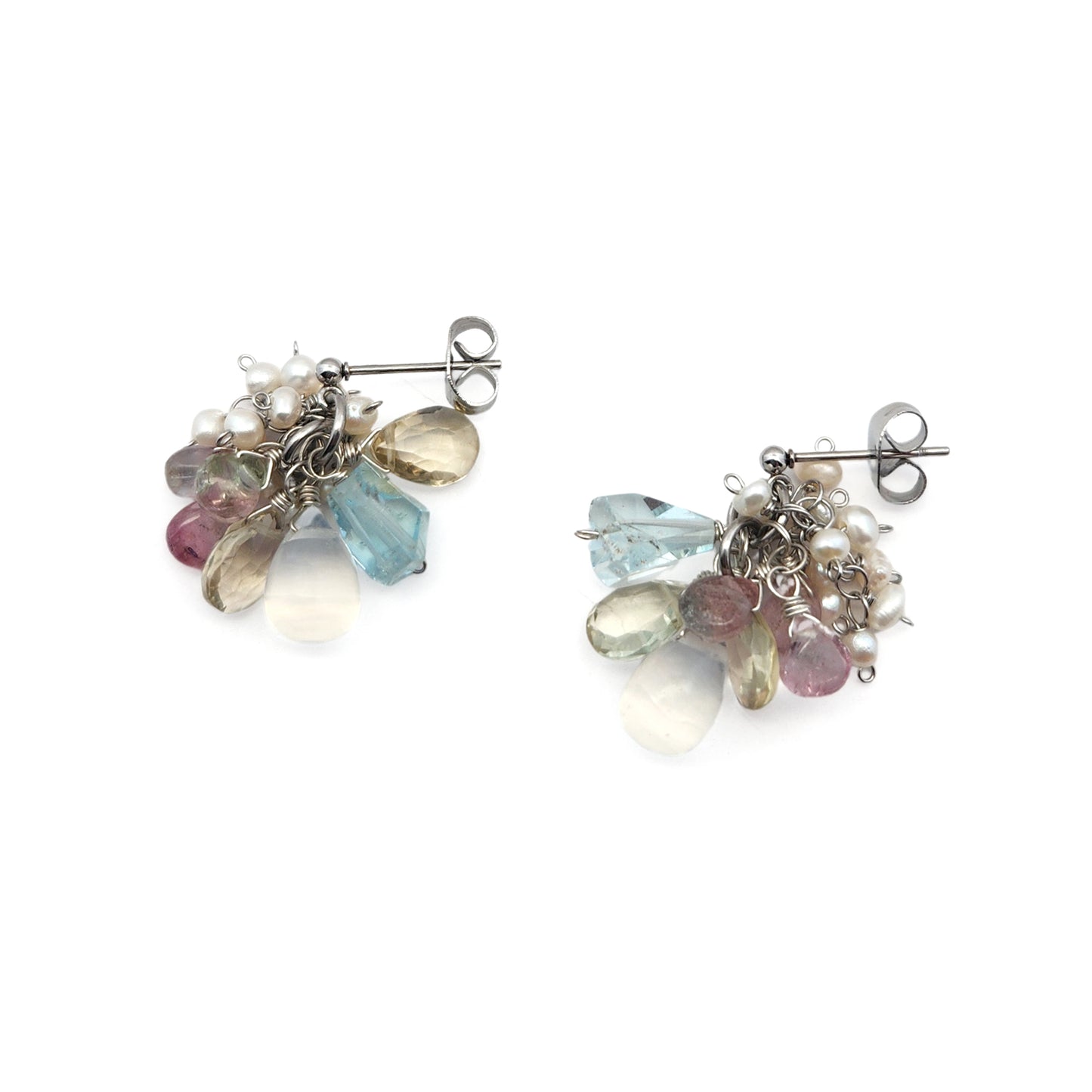 Quartz, Pearl, Tourmaline & Aquamarine Cluster Earrings