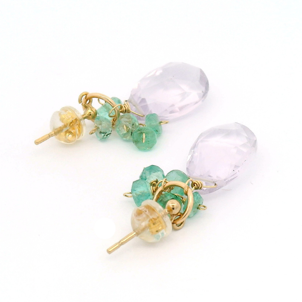 Pink Amethyst, Emerald Stud Earrings