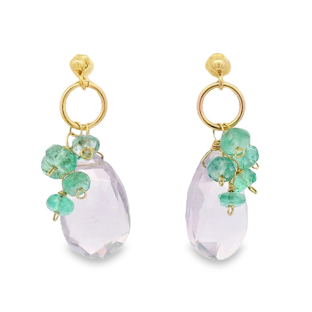 Pink Amethyst, Emerald Stud Earrings