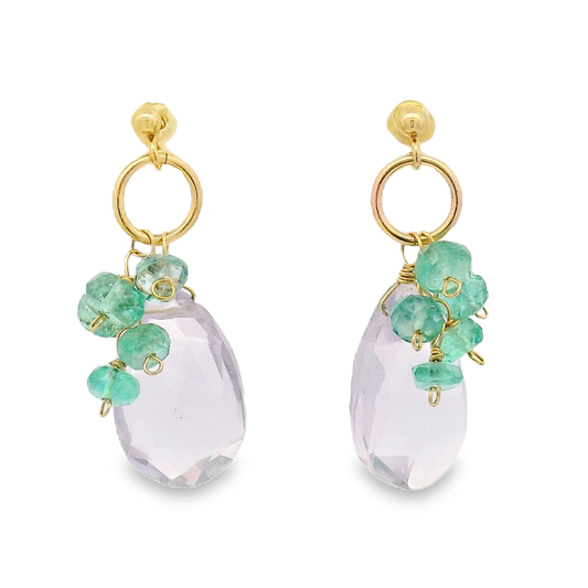 Pink Amethyst, Emerald Stud Earrings