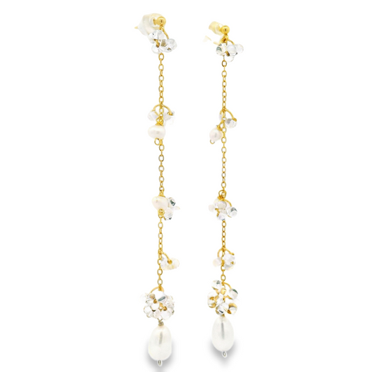 Pearl Long Drop Stud Earrings
