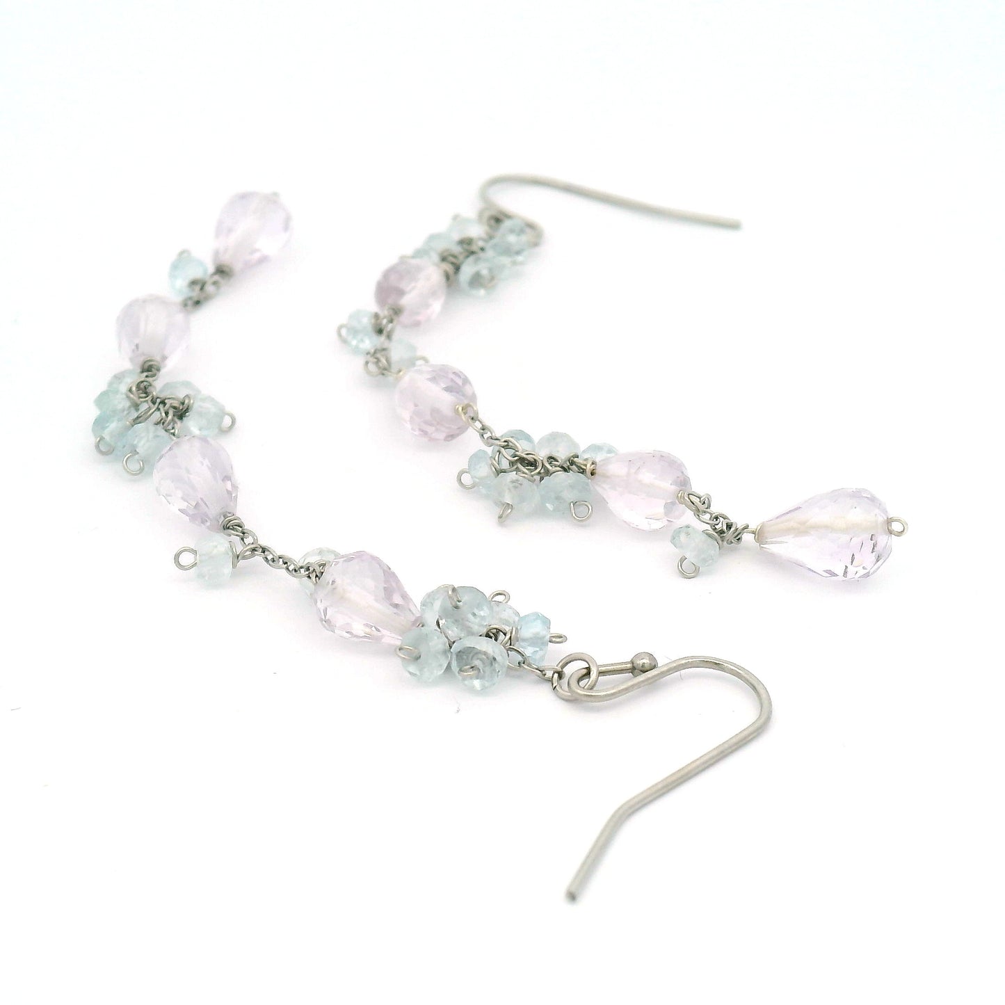 Aquamarine, Pink Amethyst Long Drop Earrings