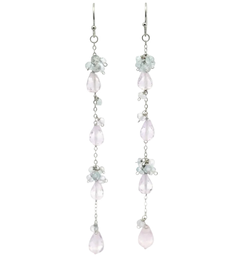 Aquamarine, Pink Amethyst Long Drop Earrings