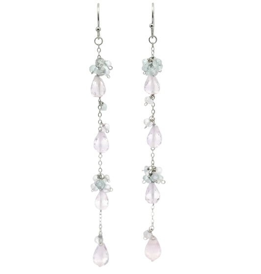Aquamarine, Pink Amethyst Long Drop Earrings