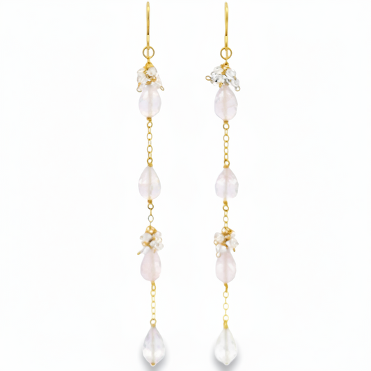 Pink Amethyst, Crystal Long Drop Earrings