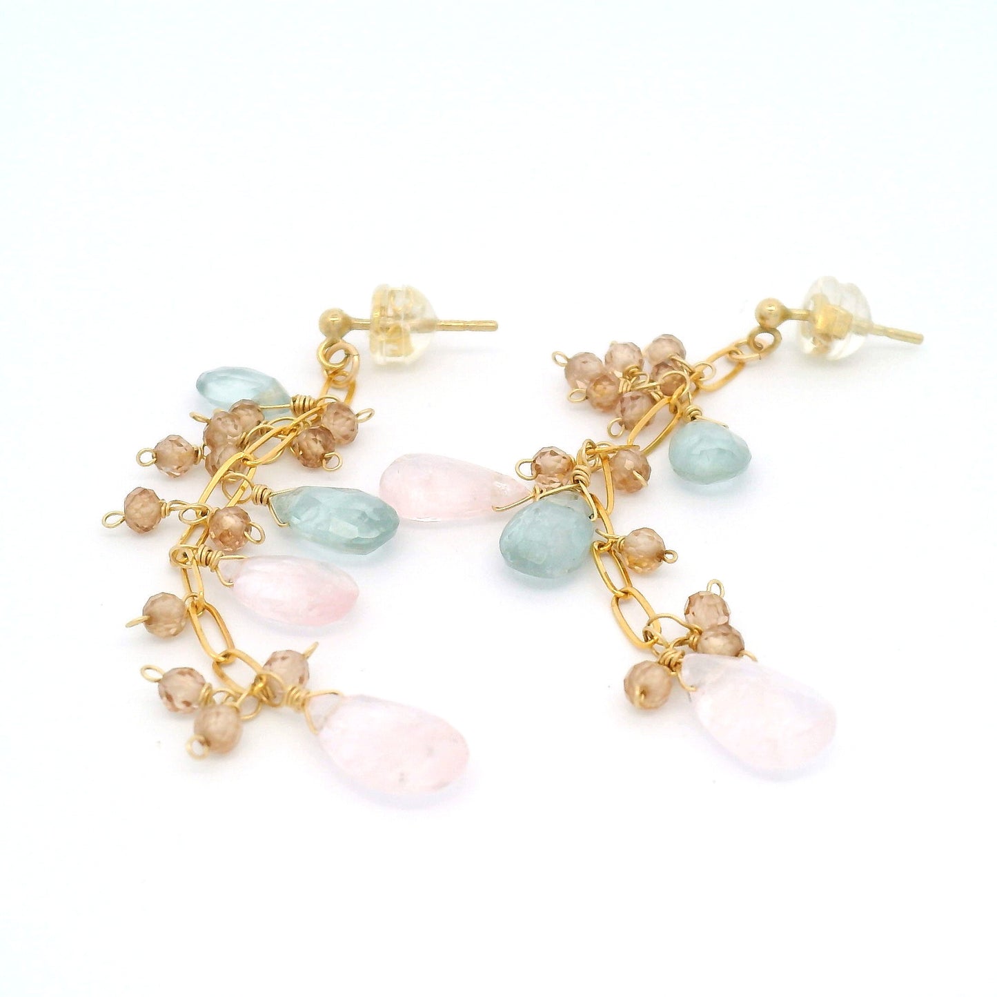 Mint Kyanite, Morganite, Brown Zircon Drop Stud Earrings