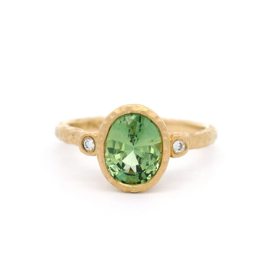 14k Yellow Organic Bezel-Set 3-Stone Ring with 1.56ct Green Sapphire and Accent Diamonds