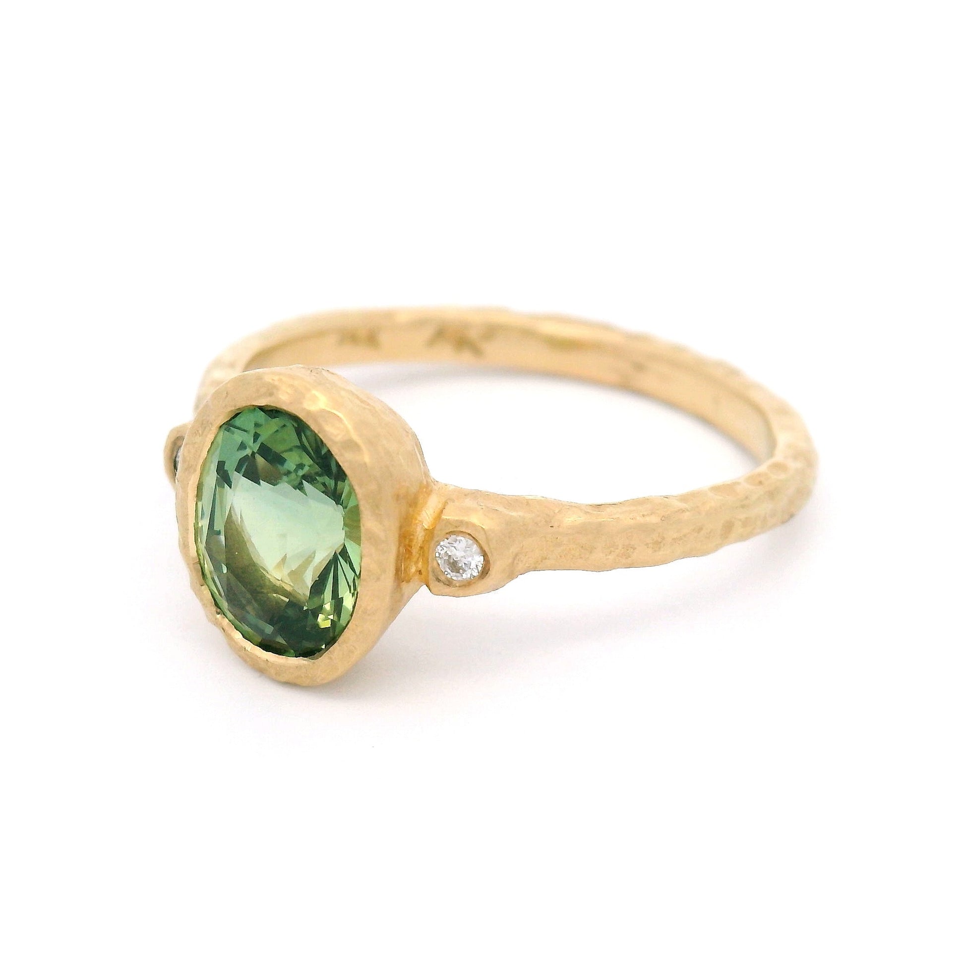 14k Yellow Organic Bezel-Set 3-Stone Ring with 1.56ct Green Sapphire and Accent Diamonds