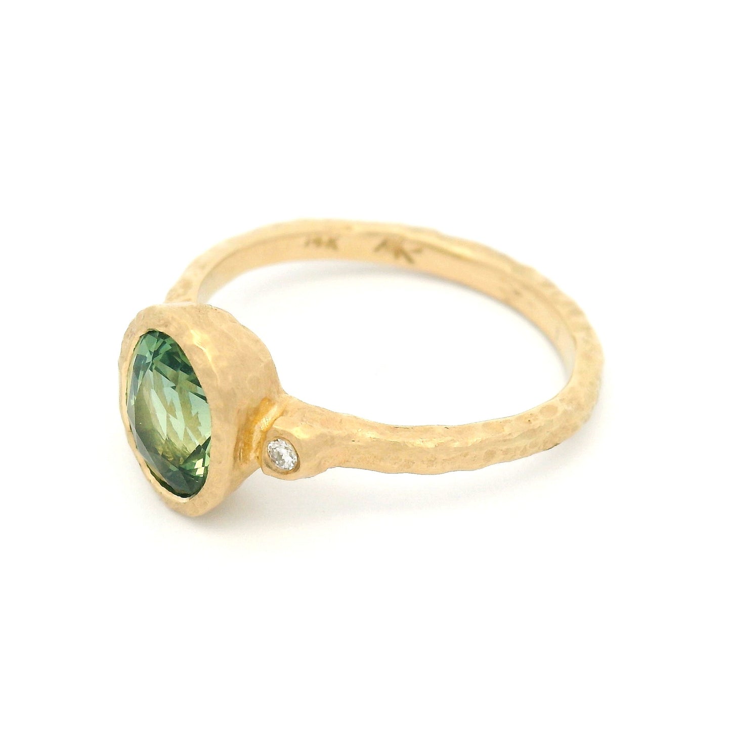 14k Yellow Organic Bezel-Set 3-Stone Ring with 1.56ct Green Sapphire and Accent Diamonds