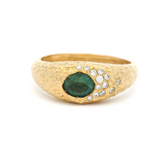 14k Yellow Textured Ring with Green Oval Tourmaline and Diamond Accents