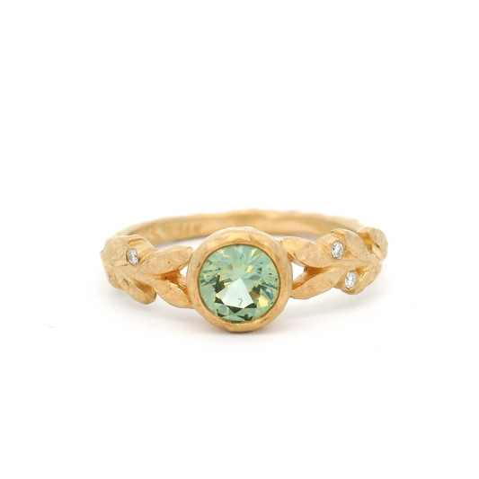 14k Yellow Organic Ring with 0.57ct Teal Green Sapphire and Diamond Accents