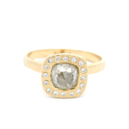 14k Yellow Engagement Ring with 0.75ct Rustic Rose-Cut Diamond and Accent Diamond Halo