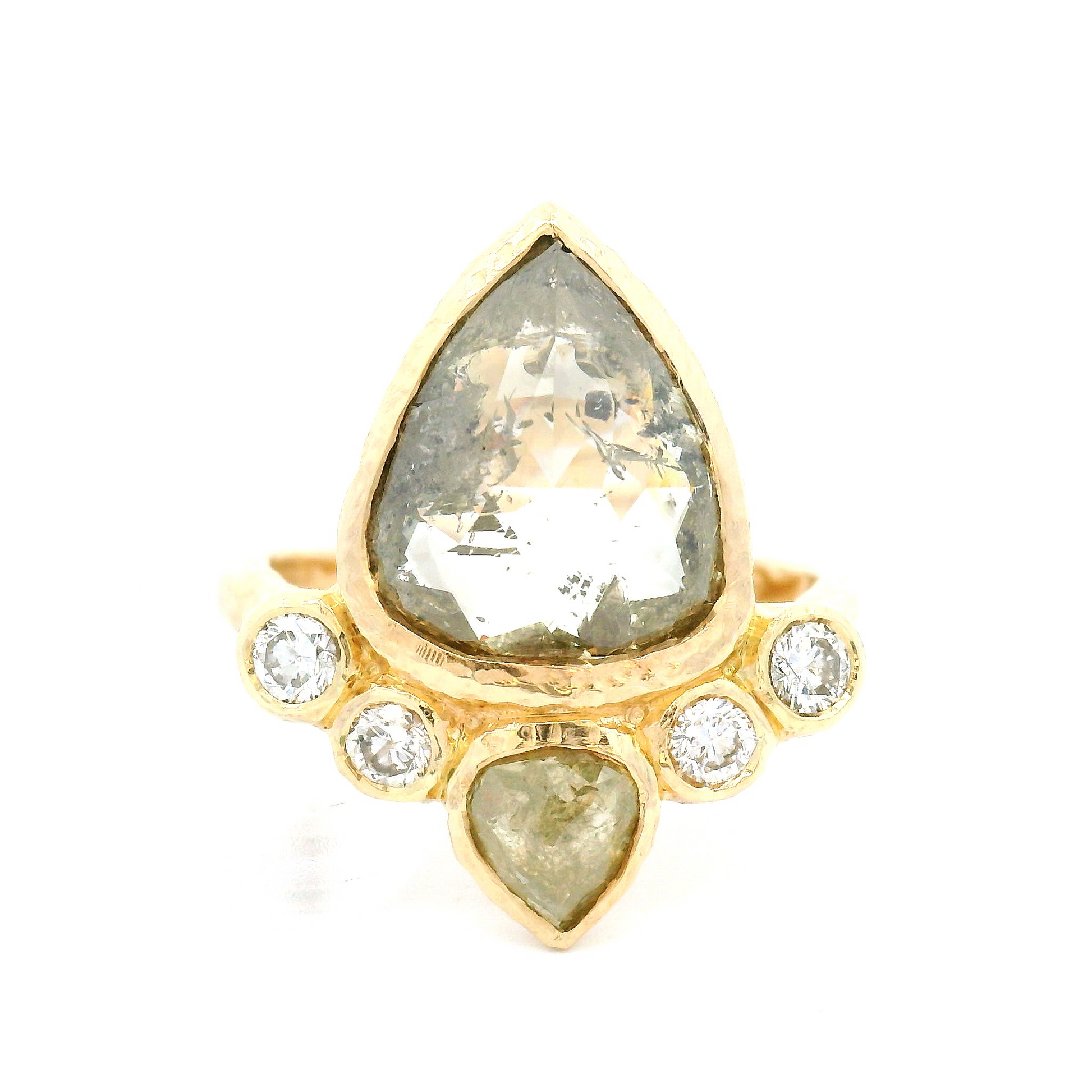 14k Yellow Textured Ring with 3.37ct Green Rose-Cut Diamond with Accent Diamonds