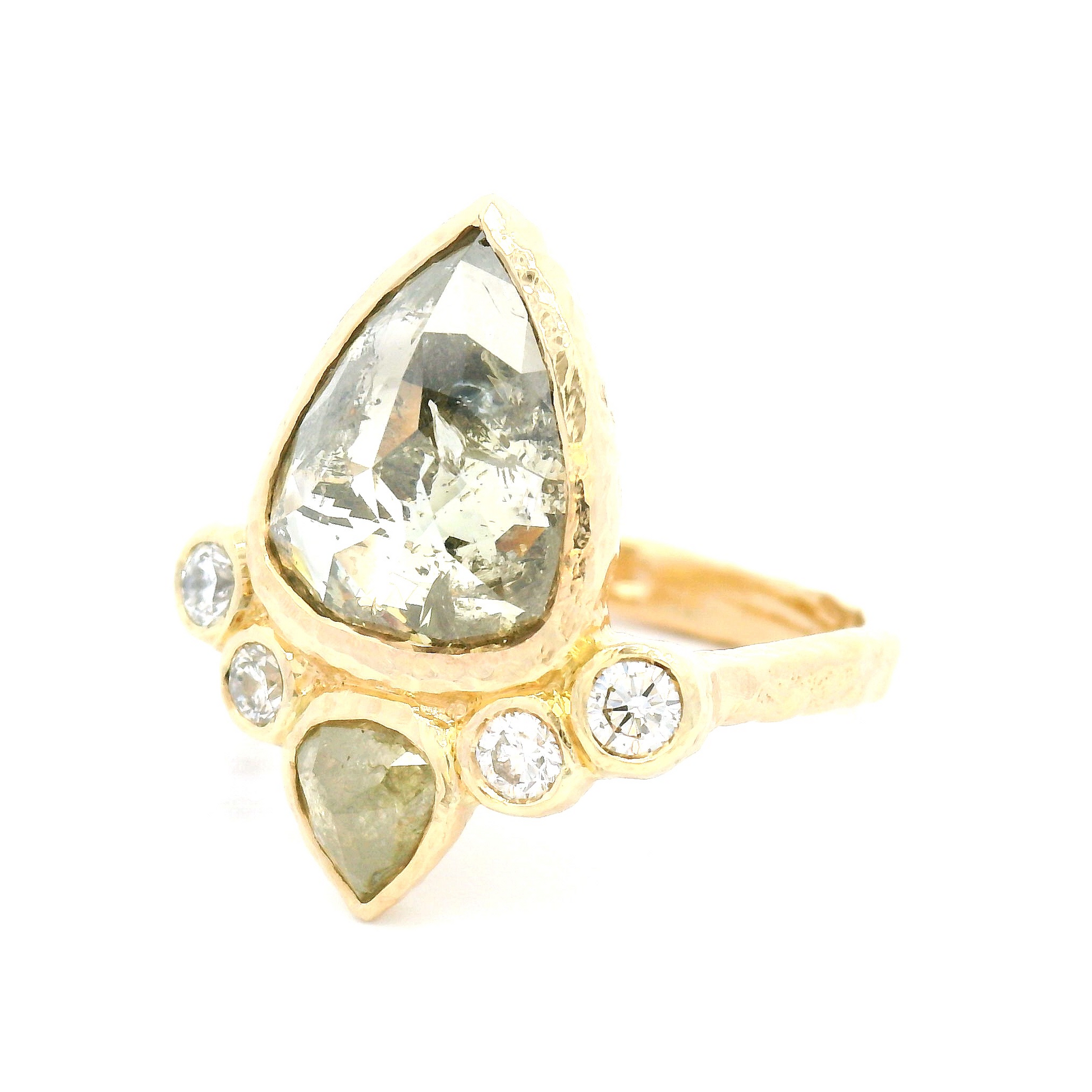 14k Yellow Textured Ring with 3.37ct Green Rose-Cut Diamond with Accent Diamonds