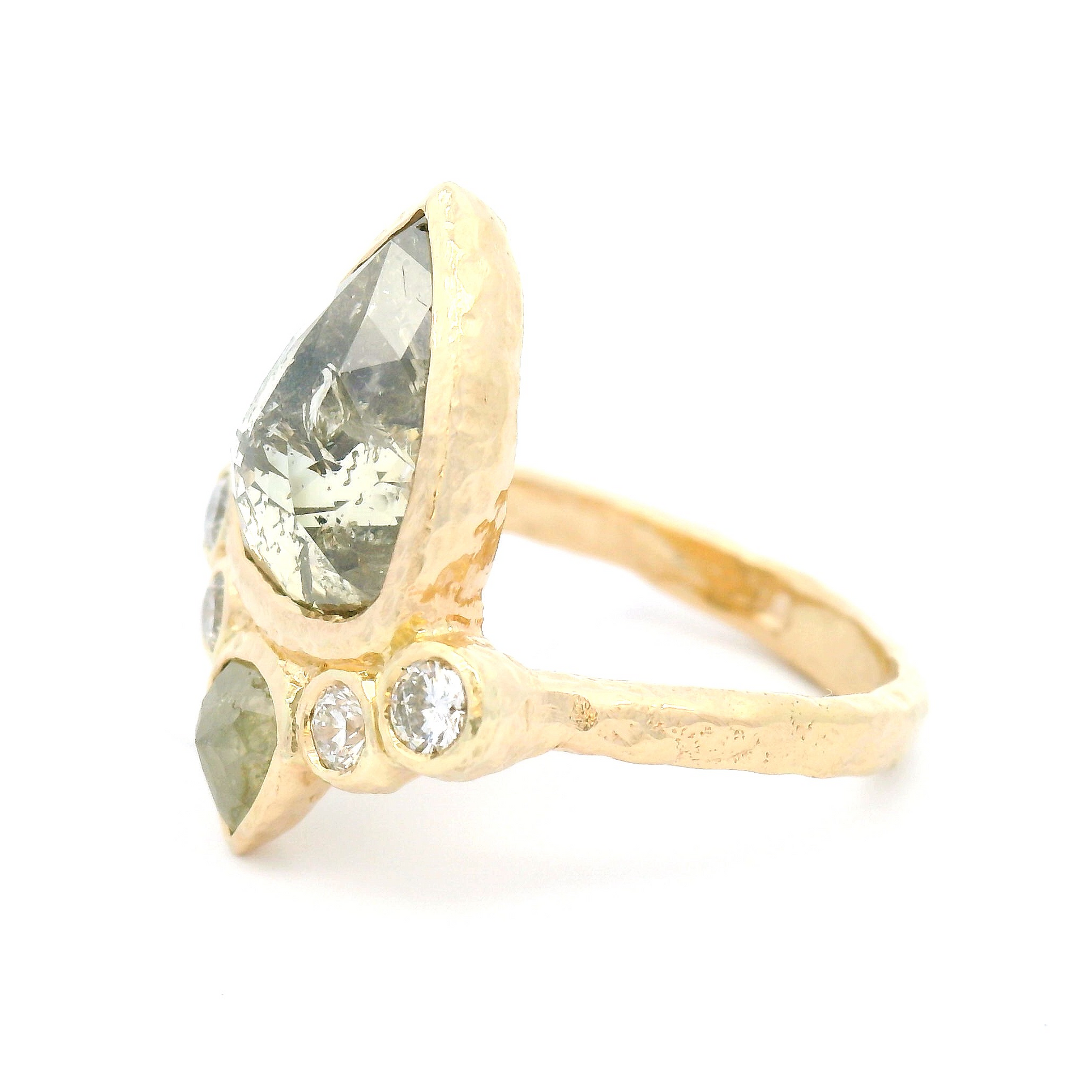 14k Yellow Textured Ring with 3.37ct Green Rose-Cut Diamond with Accent Diamonds