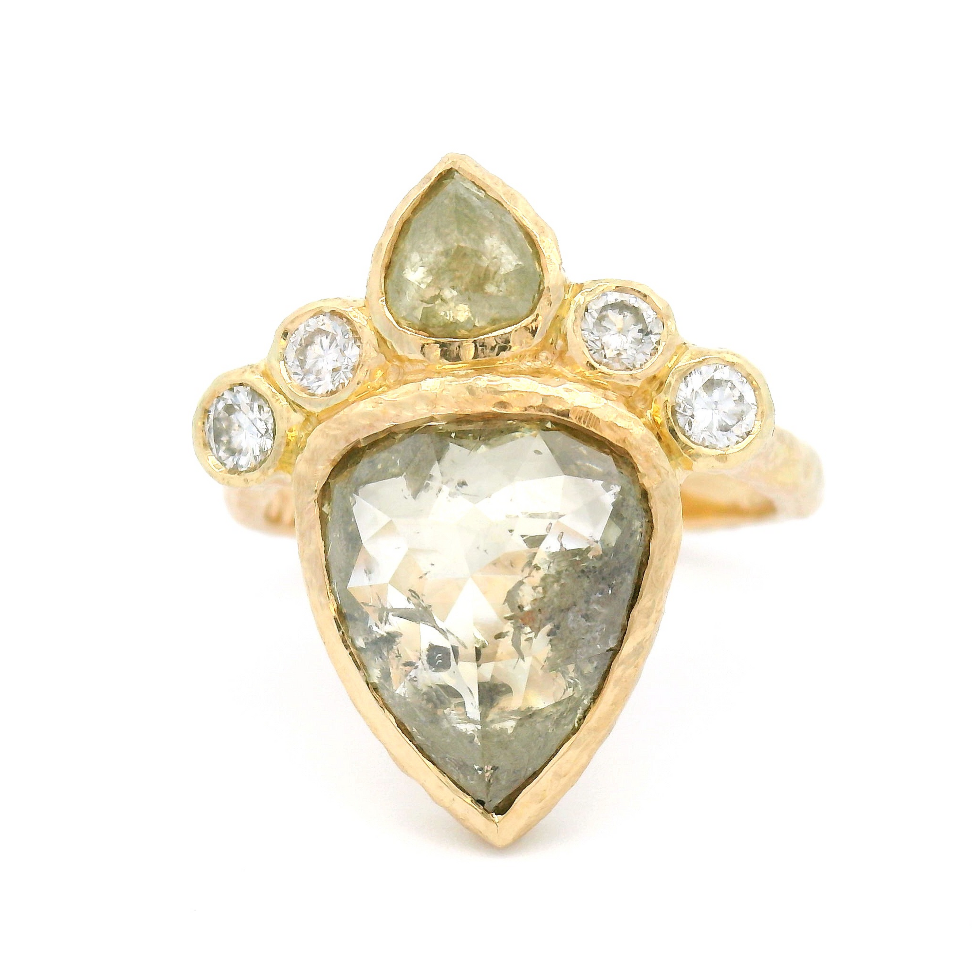 14k Yellow Textured Ring with 3.37ct Green Rose-Cut Diamond with Accent Diamonds