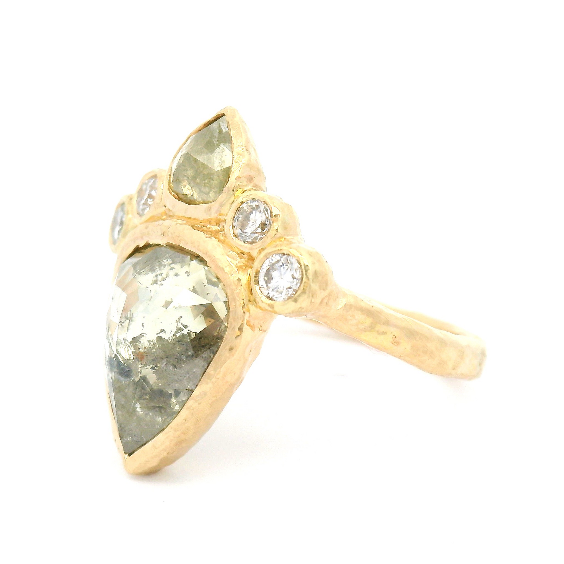 14k Yellow Textured Ring with 3.37ct Green Rose-Cut Diamond with Accent Diamonds