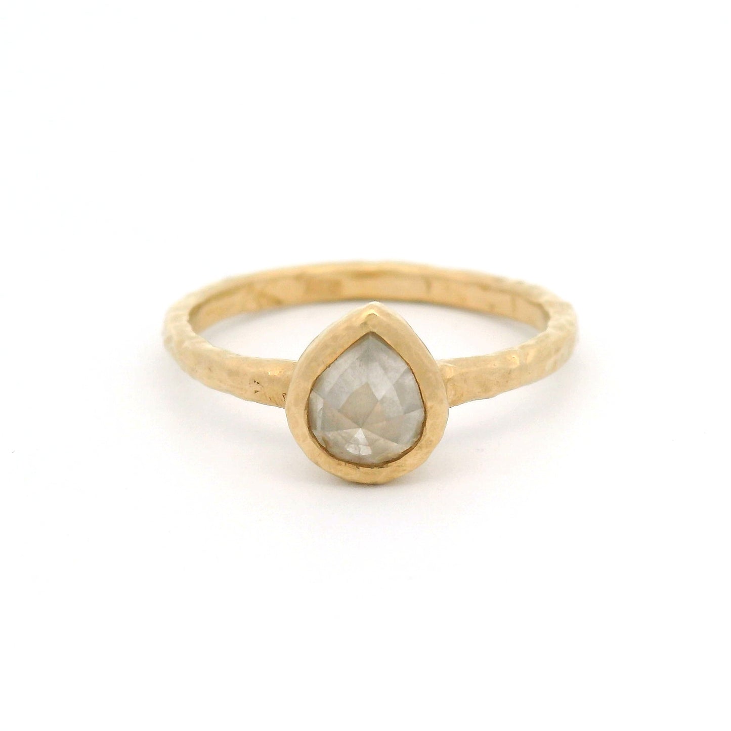 14K yellow gold engagement ring with bezel-set 0.85ct natural rose-cut pear-shaped icy diamond in a handcrafted solitaire setting.
