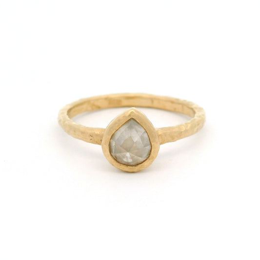 14K yellow gold engagement ring with bezel-set 0.85ct natural rose-cut pear-shaped icy diamond in a handcrafted solitaire setting.