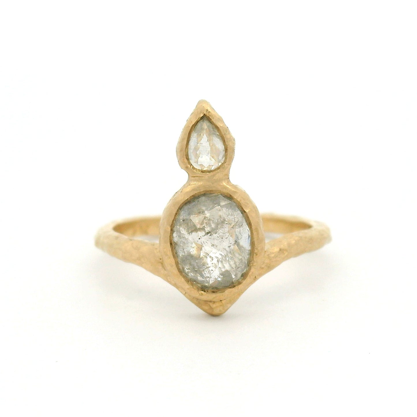 14K yellow gold organic Chevron ring with bezel-set 1.37ct oval rose-cut diamond and 0.15ct pear-shaped rose-cut diamond arranged vertically down the finger.
