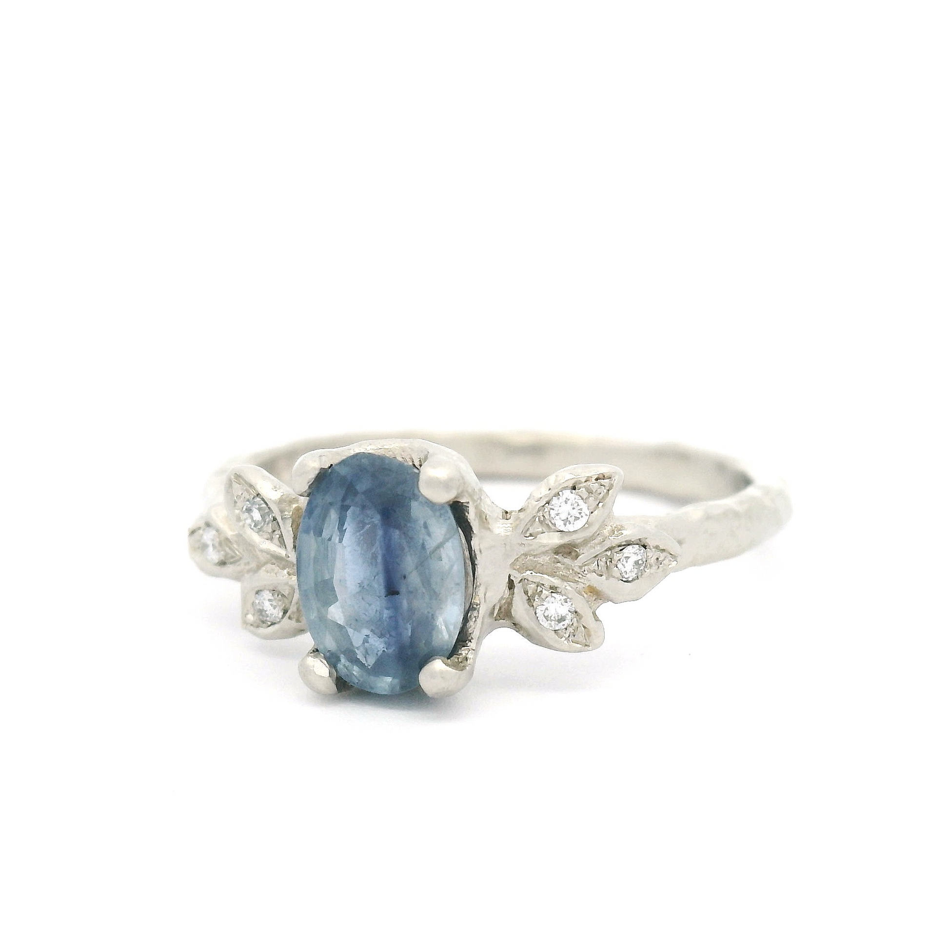 14k White Organic Engagement Ring with 7mm x 5mm Blue Sapphire and Accent Diamonds