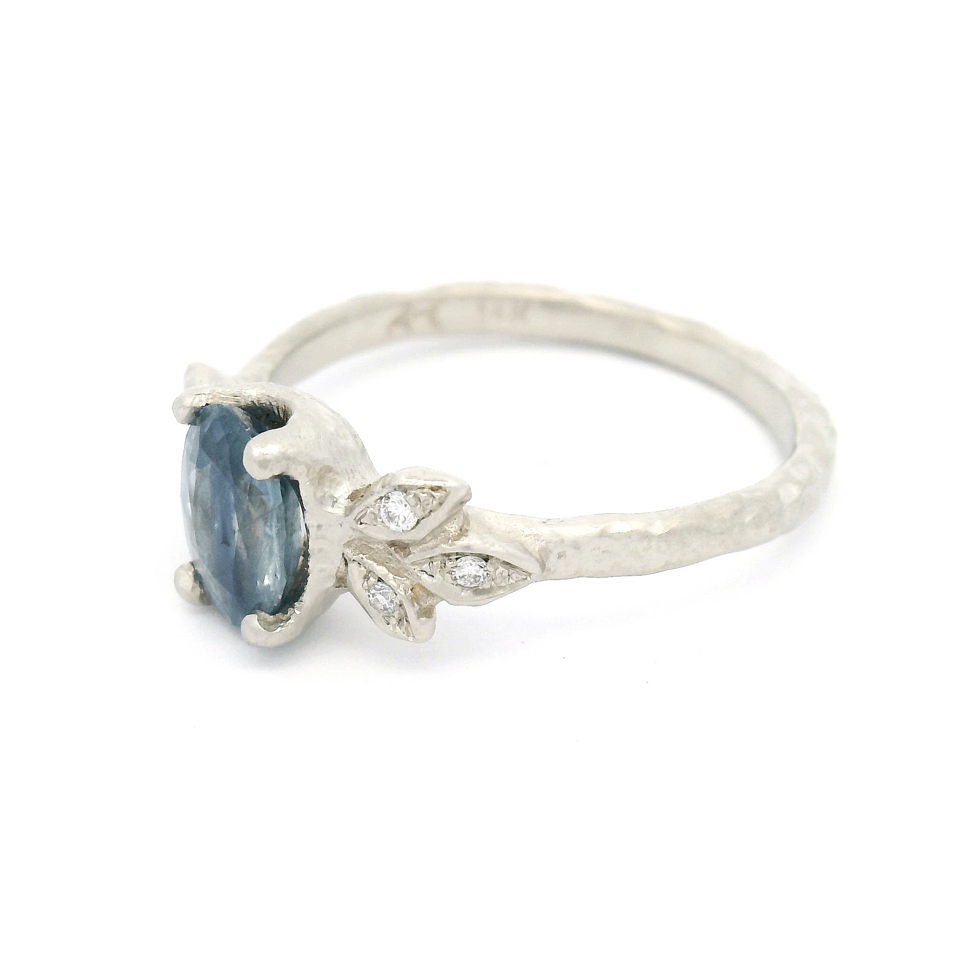 14k White Organic Engagement Ring with 7mm x 5mm Blue Sapphire and Accent Diamonds