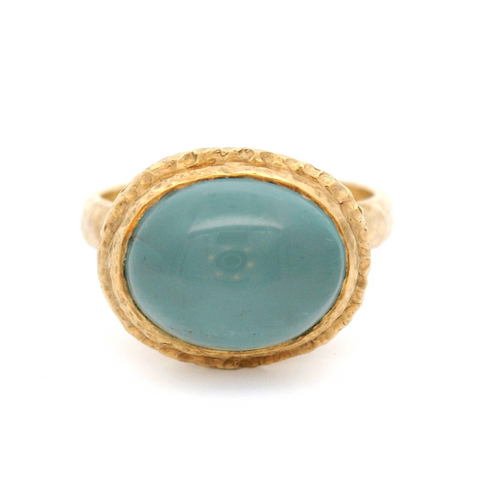 14k Yellow Textured Bezel-Set Solitaire with 4.03ct Cabochon Aquamarine
