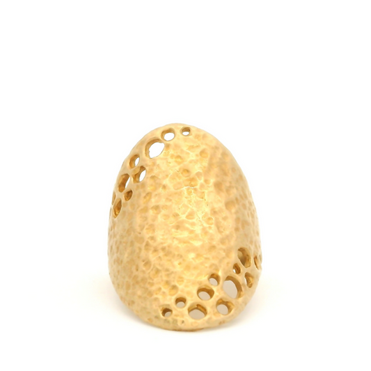 14k yellow organic textured low profile shield ring.