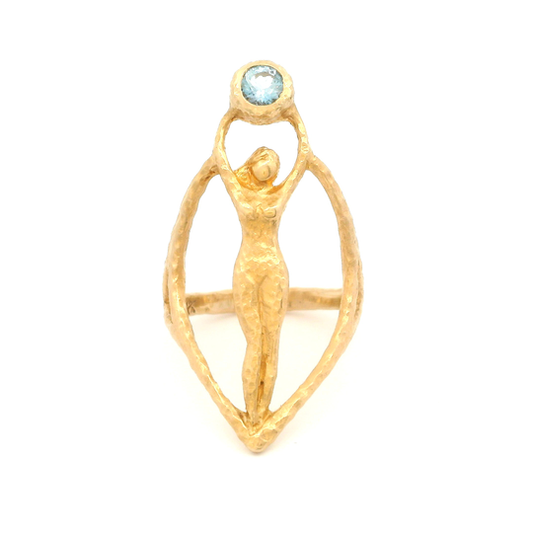 14k yellow organic ring with bezel set 0.20ct aquamarine.