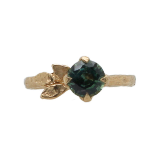 Round Green Sapphire Solitaire Leaf-y Engagement Ring