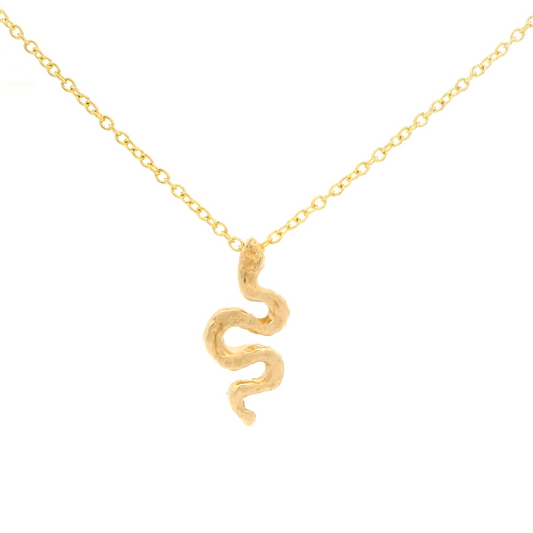 14k yellow organic snake pendant on a chain.