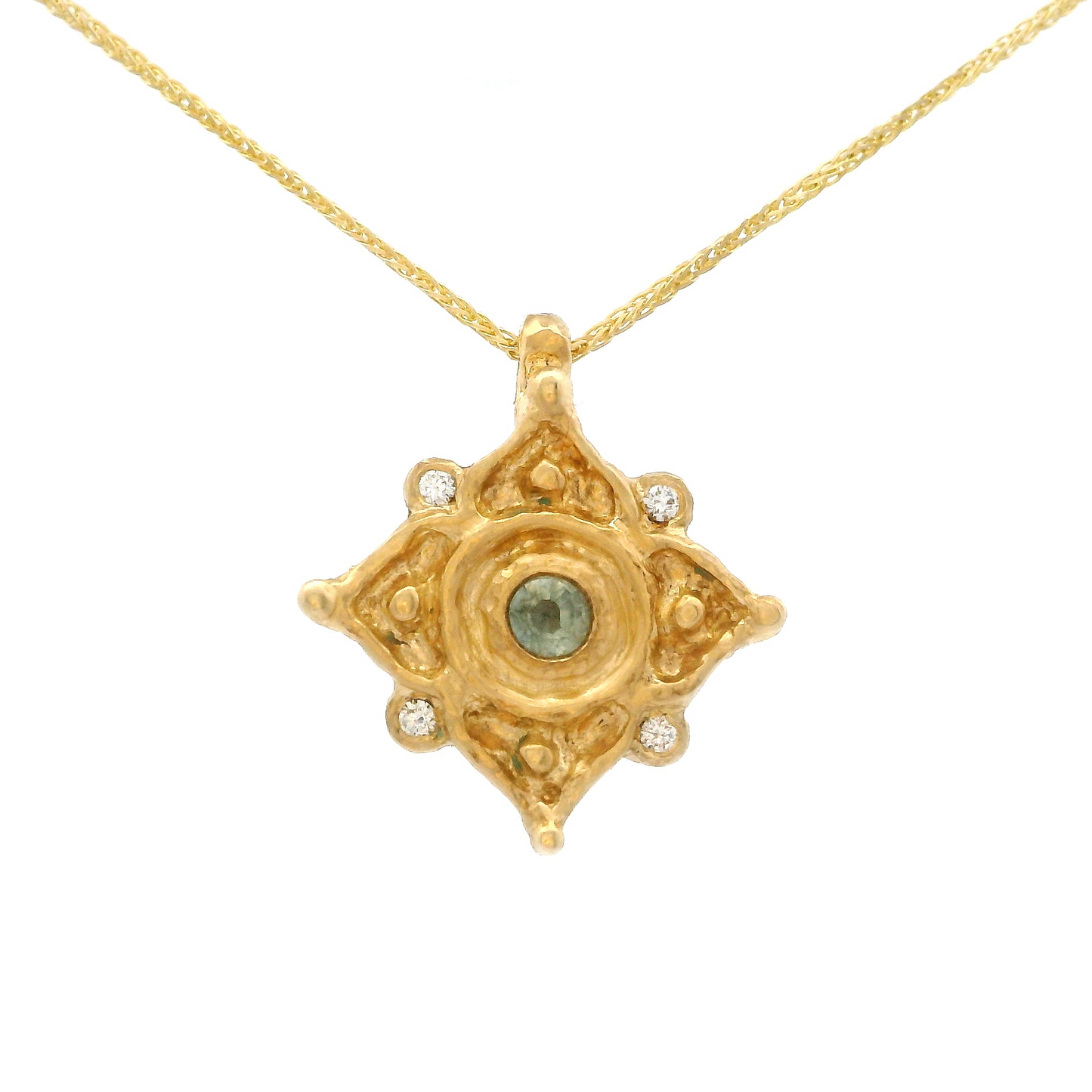 14k yellow organic pendant set with a light teal sapphire and 4 accent diamonds.