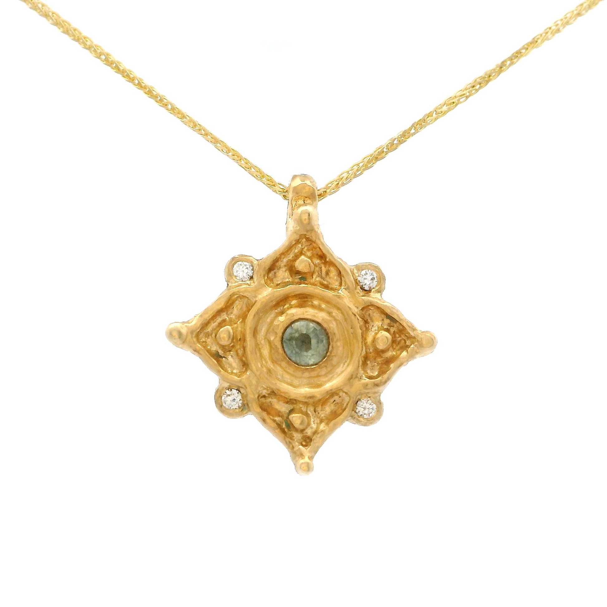 14k yellow organic pendant set with a light teal sapphire and 4 accent diamonds.