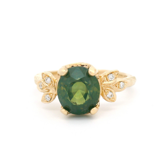 14k Yellow Organic Ring with 3.08ct Green Sapphire and Diamond Accents