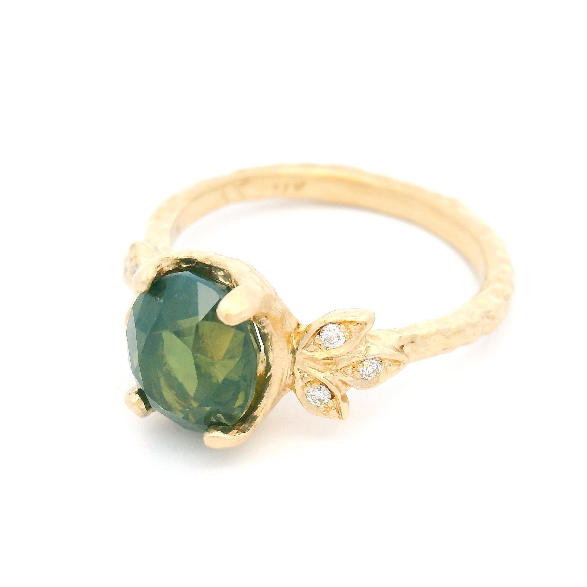 14k Yellow Organic Ring with 3.08ct Green Sapphire and Diamond Accents