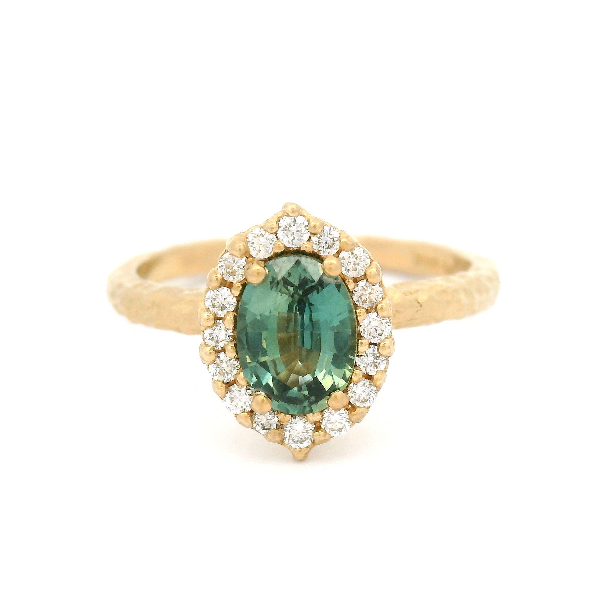 14k Yellow Engagement Ring with 0.94ct Teal Sapphire and Accent Diamond Halo