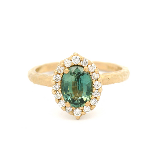 14k Yellow Engagement Ring with 0.94ct Teal Sapphire and Accent Diamond Halo