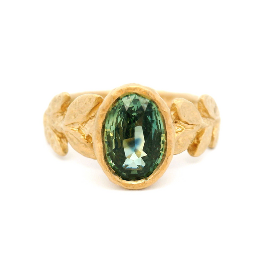 14k Yellow Organic Leaf Carved Bezel-Set Solitaire with 2.01ct Green-Blue Sapphire