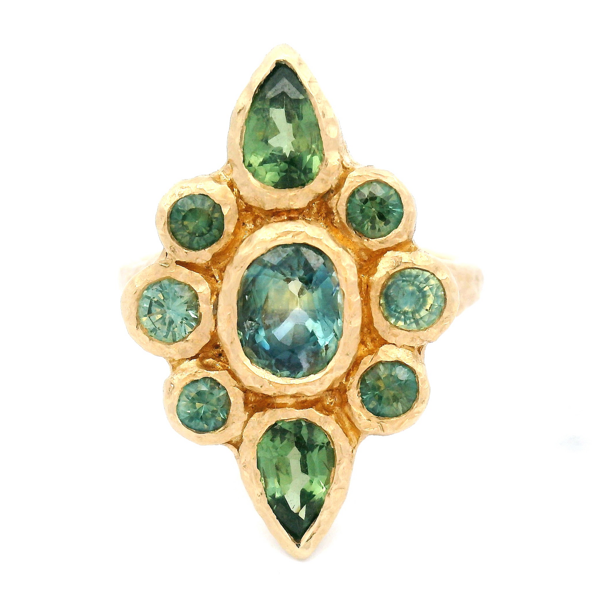 14k Yellow Organic Ring with 2.75cts Greenish Blue Sapphires
