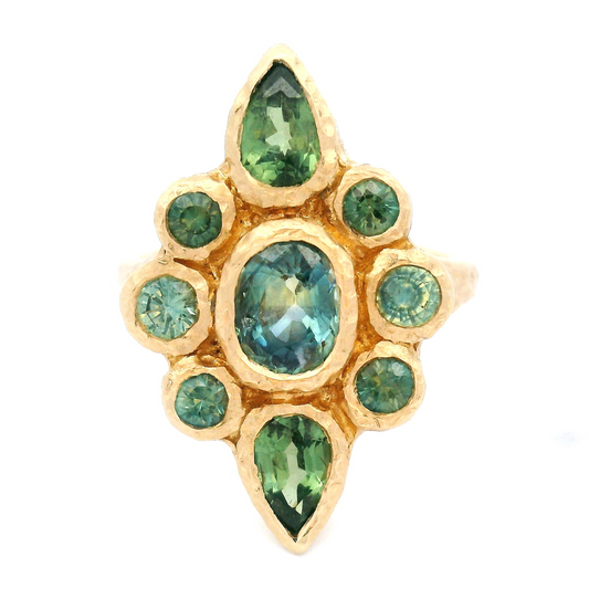 14k Yellow Organic Ring with 2.75cts Greenish Blue Sapphires