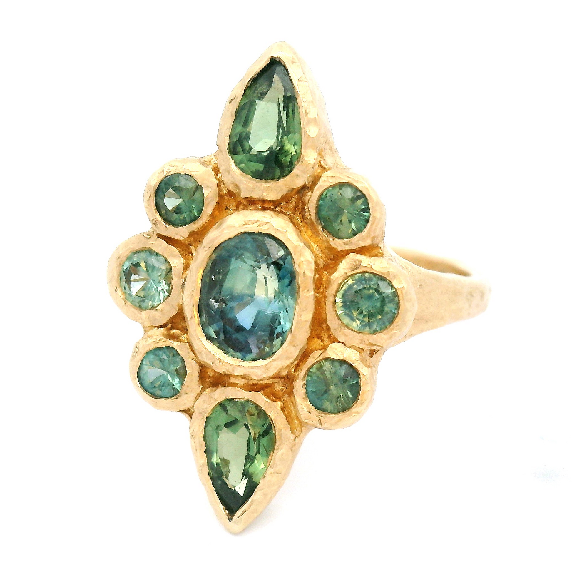 14k Yellow Organic Ring with 2.75cts Greenish Blue Sapphires