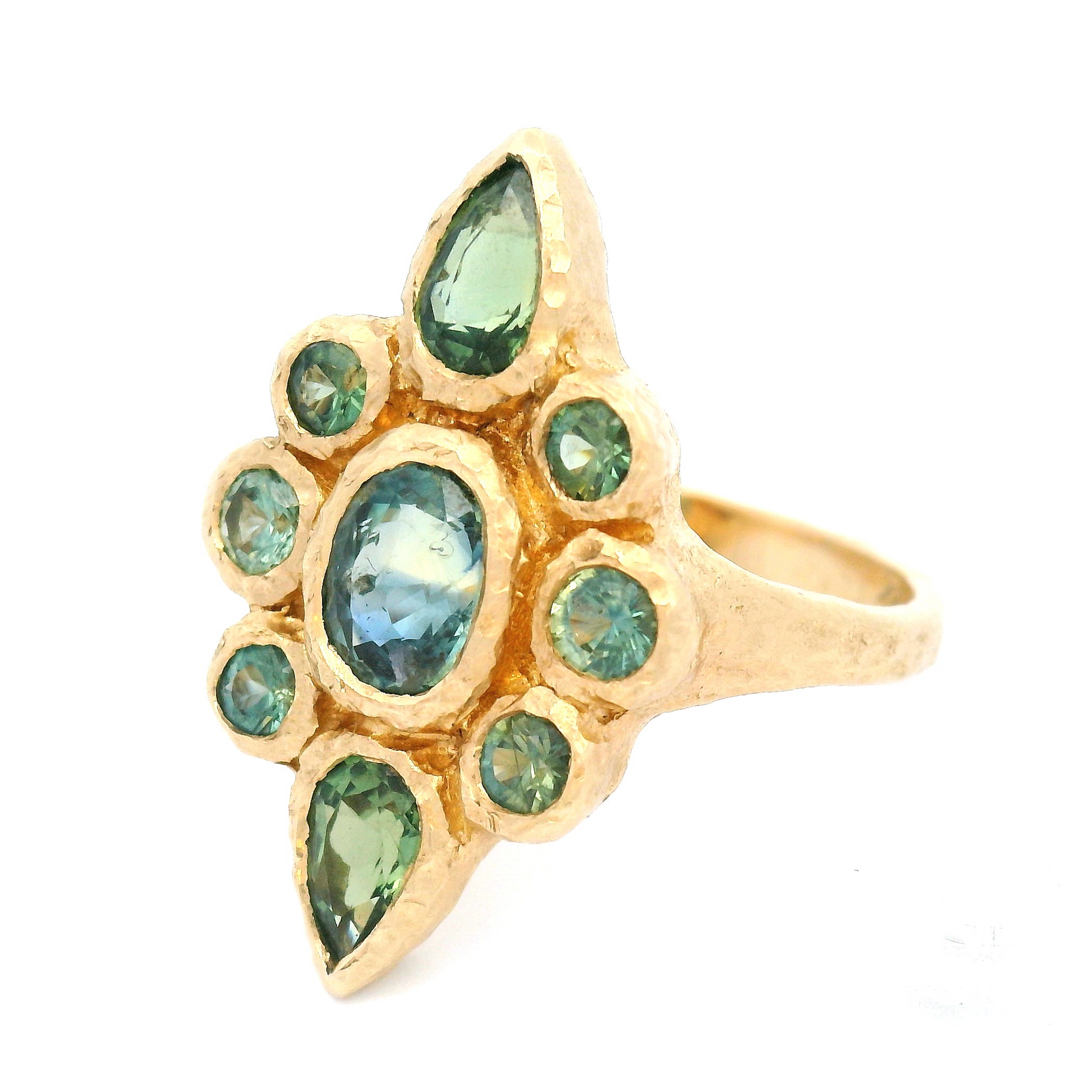 14k Yellow Organic Ring with 2.75cts Greenish Blue Sapphires