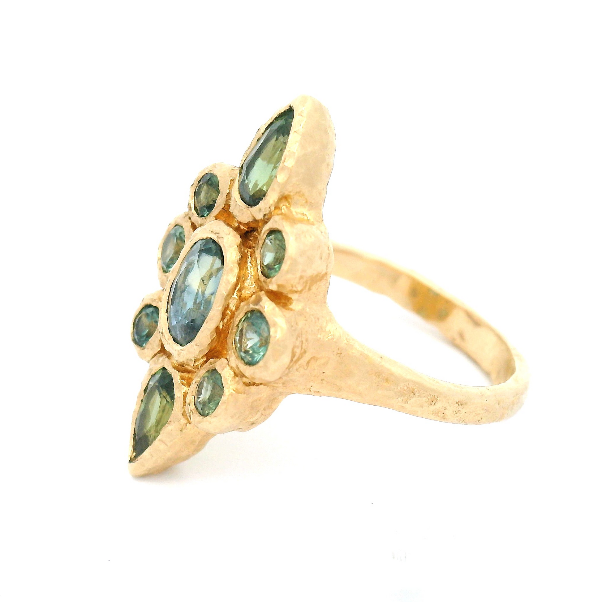 14k Yellow Organic Ring with 2.75cts Greenish Blue Sapphires
