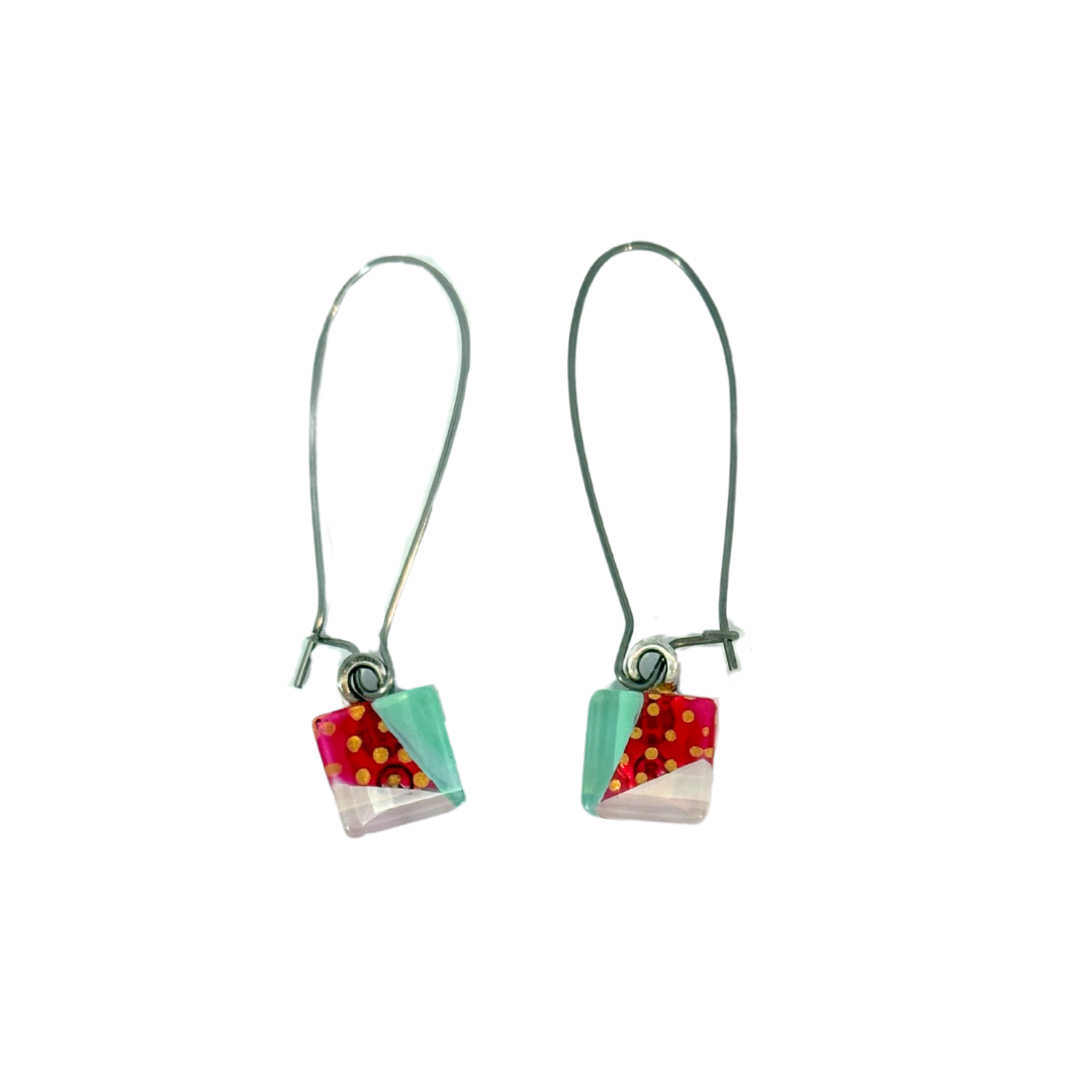 Red & Teal Square Glass Earrings