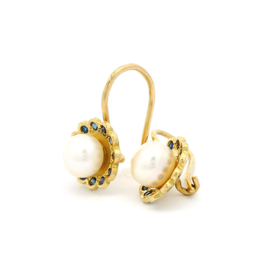 18k Yellow Drop Earring with Pearls and Blue Sapphires