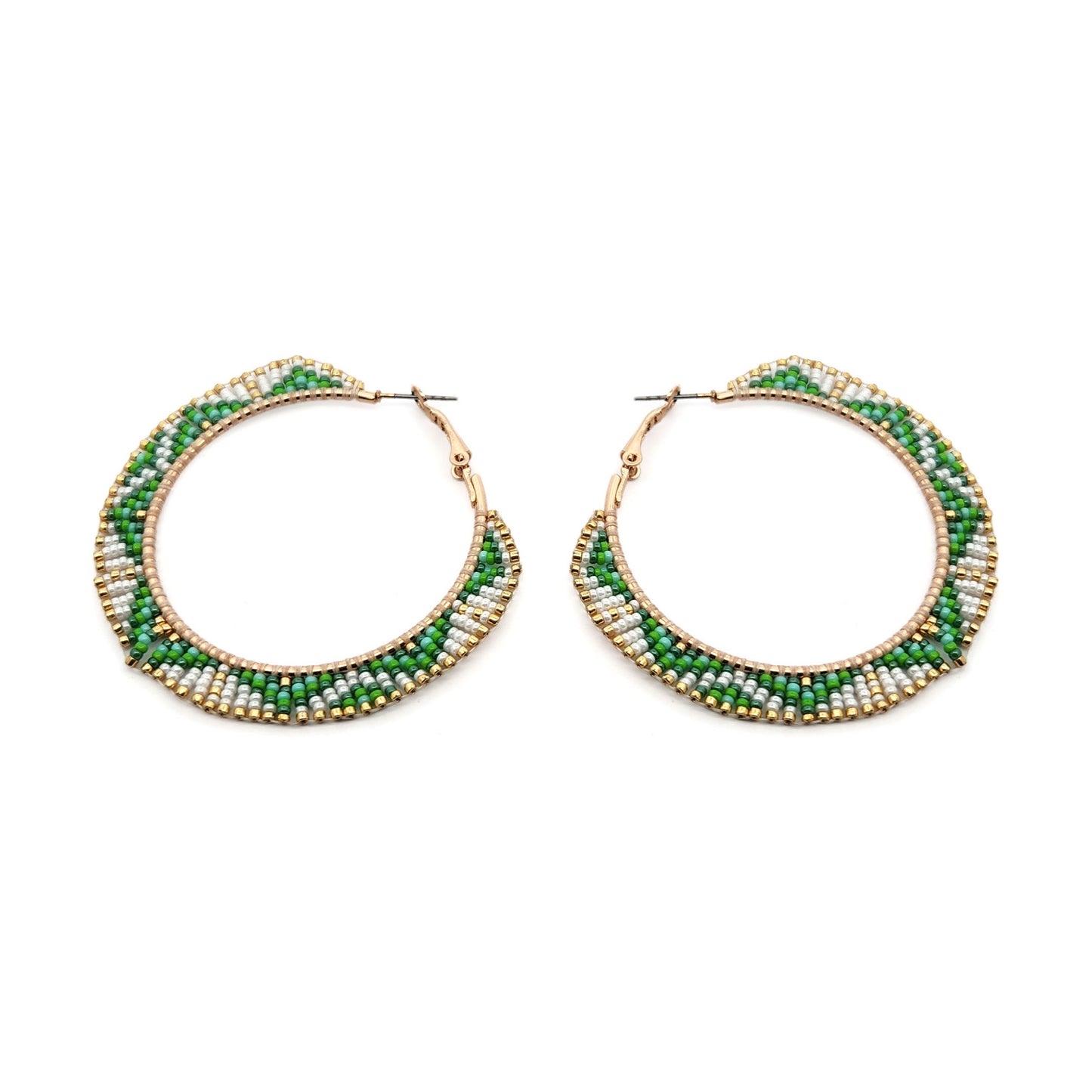 Green & White Beaded Hoop Earrings