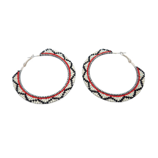 Red, Black & White Beaded Hoop Earrings