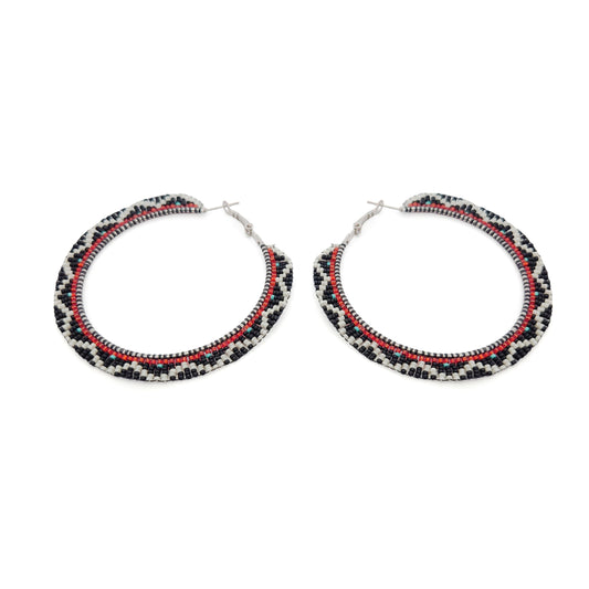Large Red, Black & White Beaded Hoop Earrings