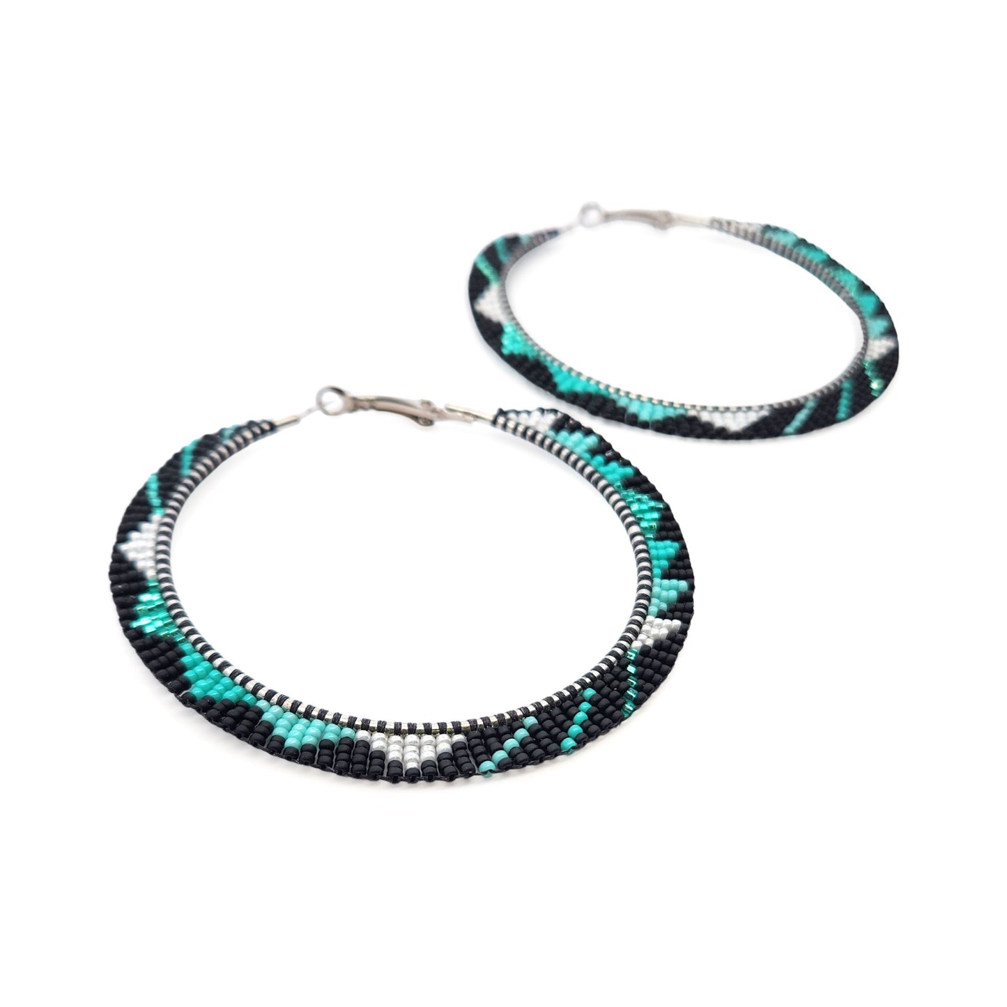Large Teal & Black Beaded Hoop Earrings
